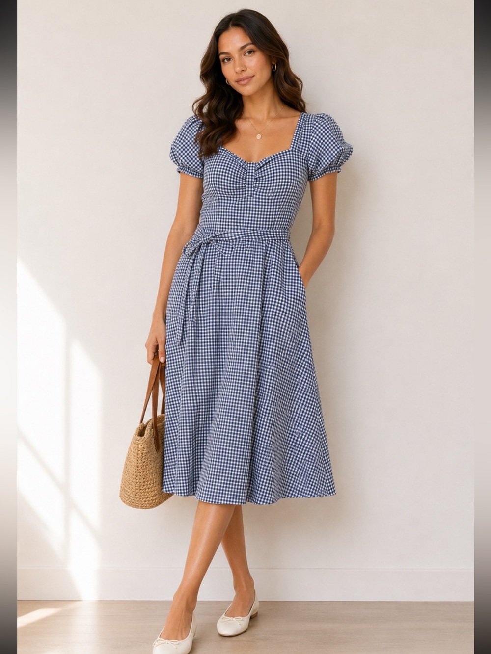 Unique vantage blue and white puff sleeve midi gingham dress si 10/12 academia